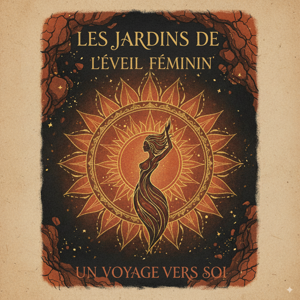 Couverture du workbook Les Jardins de l’éveil du féminin – Premier livre de vulvothérapie proposant 8 cycles inspirés des chakras pour se reconnecter à son corps, son intimité et sa féminité consciente.