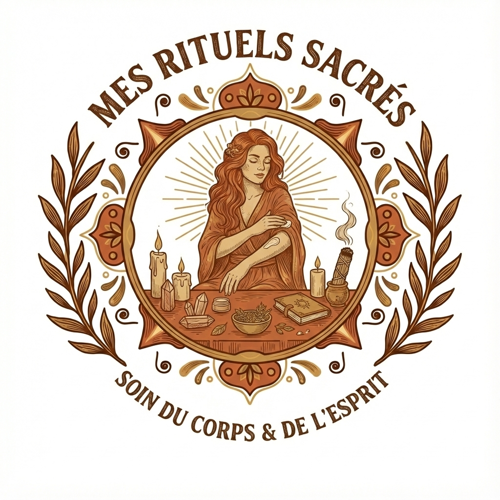 'une femme rousse à un autel, appliquant un baume sur son bras, entourée de bougies, cristaux, plantes et d'un livre. Le tout dans un cadre orné avec le titre "MES RITUELS SACRÉS" et le sous-titre "SOIN DU CORPS & DE L'ESPRIT".