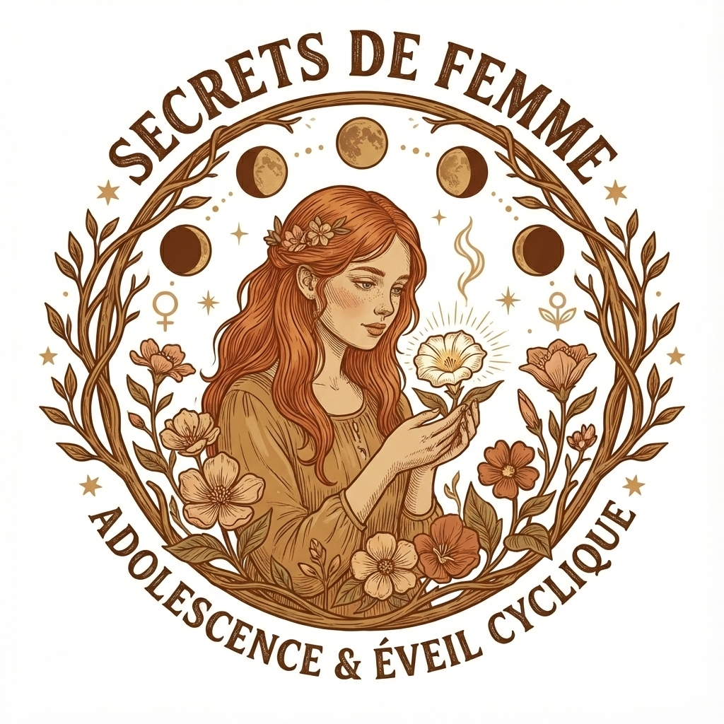 une jeune femme rousse au regard doux, entourée de fleurs en bouton et des phases de la lune. Le cadre porte le titre "SECRET DE FEMME" et la mention "ADOLESCENCE & ÉVEIL CYCLIQUE