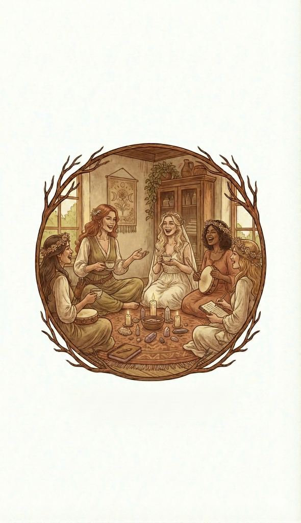 Médaillon gravure en terre cuite montrant un groupe de femmes, dont la prestataire et la mariée, riant et partageant un moment festif en cercle avec thé, musique et carnets, dans la pièce rustique.