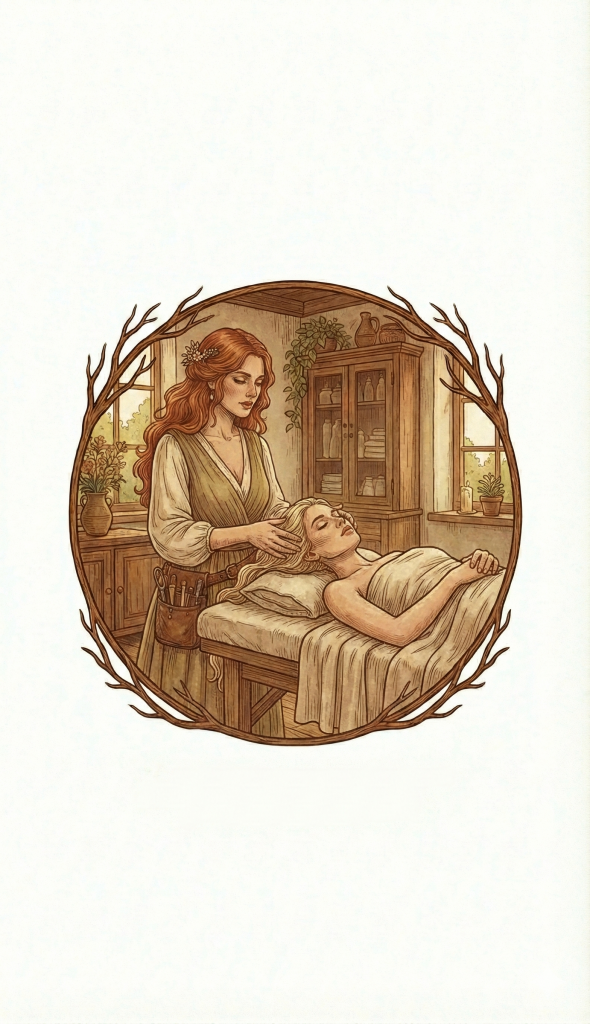 Médaillon gravure en terre cuite montrant la coiffeuse rousse prodiguant un massage crânien relaxant à la mariée blonde allongée sur une table de massage, dans la même pièce rustique.