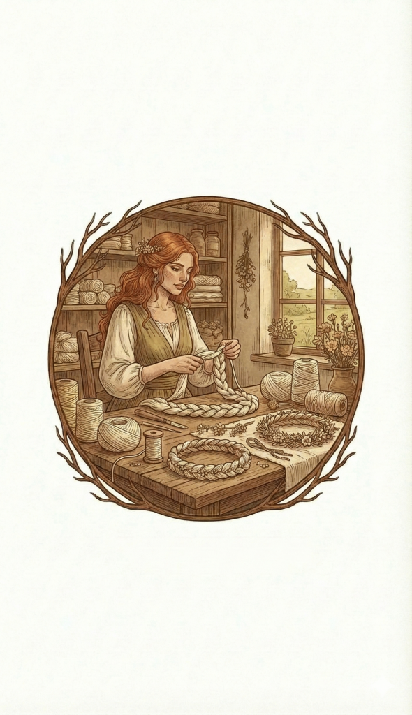 Illustration style gravure d'une créatrice dans son atelier, tressant une couronne de cheveux en fils de laine et de coton blancs. Sur l'établi en bois se trouvent des bobines de fil, des outils et des couronnes destinées aux coiffures de mariage bohème.