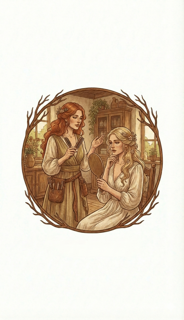 Médaillon gravure en terre cuite montrant une coiffeuse rousse conseillant une future mariée blonde qui se regarde dans un miroir, dans une pièce rustique.